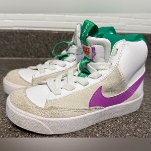Nike Kids Blazer Mid, White, Purple, and Green, 11c